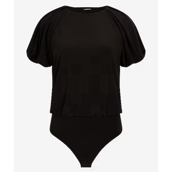 Express Women's Crew Neck Puff Sleeve Bodysuit Size S Black Short Sleeves NWT$58 - Picture 4 of 16